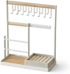 m＆em ジュエリースタンド アクセサリー収納 大容量 ネックレス15フック ピアス16ホール 指輪置き ブレスレットホルダー 木製バー ナチュラル おしゃれ小物入れ (ホワイト,  幅31cm x 高さ40cm x 奥行11cm)