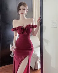 オフショルダー フリル セクシー キャバドレス ナイトクラブ パーティー ワインレッド タイトフィット Vネック スリットドレス