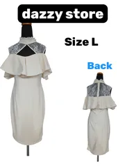 dazzy store レース切替 フリルケープ風 タイトドレス Lサイズ オフホワイト  パーティードレス