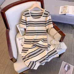 韓国版夏の新作ストレートスカートゆったりストライプ小衆のけだるいニットロングワンピース