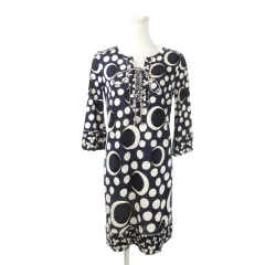 ダイアンフォンファステンバーグ DIANE von FURSTENBERG シルクワンピース ミニ キーネック レースアップ 七分袖 絹 ドット 花柄 総柄  4 S 紺 ネイビー /MN1 ■GY19