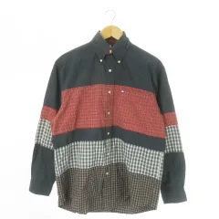 トミーヒルフィガー TOMMY HILFIGER ボタンダウンシャツ 長袖 オーバーサイズ 切替 チェック ロゴ刺繍 S 緑 グリーン /AO16 ■GY35