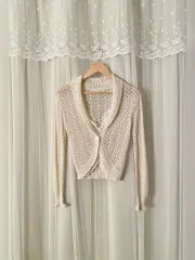 日本 ヴィンテージ アイボリー レイ クロシェ エンブロイダリー グリッター ニット カーディガン