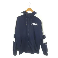 プーマ PUMA ジップパーカー スウェット L 紺 ネイビー 長袖 フード裏メッシュ ロゴ プリント /MN27 ■GY99