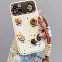 iPhone 15promax用モバイルケース 13/14 三次元 コーヒーベア 14promax フリップカバーミラー iphone15 新スタイルストラップ 12 シリコン