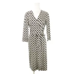 ダイアンフォンファステンバーグ DIANE von FURSTENBERG ワンピース カシュクール ミモレ ロング 七分袖 絹 シルク ストレッチ リボン 幾何学 総柄 6 M 黒 ブラック /AH19 ■GY44