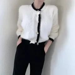 新品・迅速発送 アンゴラ 白 バイカラー カーディガン