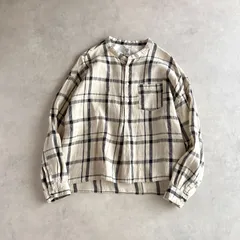 美品 / D.M.G. ドミンゴ / 麻100% 長袖 リネンチェック バンドカラー プルオーバー シャツ / ユニセックス 3 / ナチュラル×ブラック×ホワイト / 日本製 / ブラウス トップス