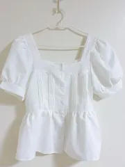 白 春夏 スクエアネック パフ ブラウス