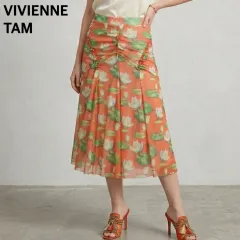 ヴィヴィアンタム VIVIENNE TAM パワーネット 蓮柄 ロータス 蛙 カエル フレアスカート  Aライン チュール ギャザー オレンジ レディース サイズ40 日本製 お出かけ リゾート 旅行 メッシュ エレガント 個性的のサムネイル