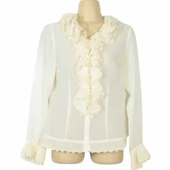 【美品】インゲボルグ★軽やかシアー感！お花のレース&ピコレース♪ たっぷりフリルのブラウス サイズ9 生成り色系 ＊z9474s