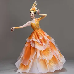 新品 未使用 キッズ ダンス衣装 ワンピース オレンジ グラデーション フリル スパンコール ステージ衣装 舞台衣装 発表会 演出服 コンテスト ダンスドレス ジュニア 女の子 中国舞踊 モダンダンス