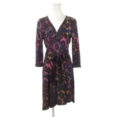 ダイアンフォンファステンバーグ DIANE von FURSTENBERG カシュクールワンピース シルク 絹 ひざ丈 七分袖 リボン ストレッチ アニマル ヒョウ柄 レオパード 総柄 4 S 茶 ブラウン /AH9 ■GY18