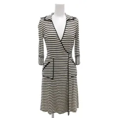 ダイアンフォンファステンバーグ DIANE von FURSTENBERG 美品 ワンピース 絹 シルク 0 ひざ丈 白 ホワイト 黒 ブラック カシュクール ボーダー /AE ■GY30