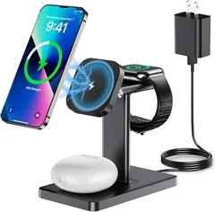 ワイヤレス充電器 Magsafe充電器 3in1 マグネット式 Qi急速充電 同時に3つのデバイス充電 15W/10W/7.5W iPhone/Apple Watch/Airpodsに対応(日本語説明書,18WQC3.0アダプター付属）ブラック