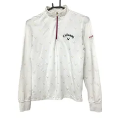 キャロウェイ 長袖ハイネックシャツ 白×ベージュ ロゴ総柄 裏微起毛 ハーフジップ ストレッチ  レディース M ゴルフウェア Callaway