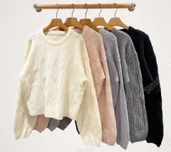 ケーブル編み クロップド ニット (アイボリー/ピンク/ライトブルー/グレー/ネイビー/ブラック)