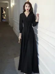パーティードレス ロング ワンピース 黒 M カシュクール Aライン マキシ丈 ウエストリボン Vネック フォーマル ドレス 長袖 無地 演奏会 発表会 結婚式 二次会 お呼ばれ オケージョン 上品 きれいめ 大人 エレガント ブラック コーデ 中-602