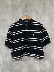 POLO RALPH LAUREN ポロ ラルフローレン ショート丈 ボーダー ロゴ刺繍 ポロシャツ sizeL/黒 ■◆ レディース
