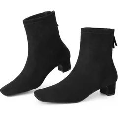 アレグラ ケー レディース シューズ ブーツ・レインブーツ アンクル ヒール ALLEGRA K Womensquare Toe Back Zip Chunky Low Heels Ankle Booties Black ブラック