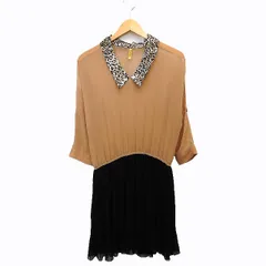 ロイヤルパーティー ROYAL PARTY ワンピース アコーディオン プリーツ 膝下 シフォン 切替 シースルー レオパード 柄 長袖 Vネック 38 ベージュ /HT3