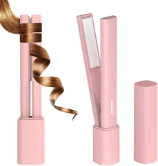 HUAJUN 革新版 USB給電式 コードレスヘアアイロン 超ミニ 超軽量 ポータブル 2WAY カール ストレート 180℃ 急速加熱 小型 コンパクト 持ち運び便利 レディース メンズ 家庭 通勤 旅行 出張 誕生日 プレゼント (ピンク)