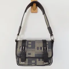 M12-k022 BALLY バリー Bロゴ チャーム付き キャンバス/レザ― ワンショルダーバッグ ネイビー/グレー