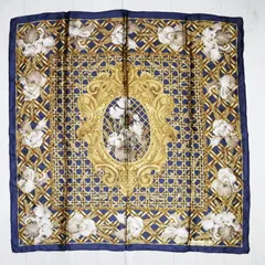 M06-k013 Christian Dior クリスチャンディオール フラワー柄 シルク 大判スカーフ ネイビー/ゴールド