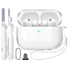 【新品】 Inesore for AirPods Pro3 ケース クリア (2025) シリカゲルロープ & カラビナ & クリーニングペン付き、TPU素材/全面保護/耐衝撃/強力な落下防止、エアーポッズプロ 第3世代対応保護カバー -ホワイト