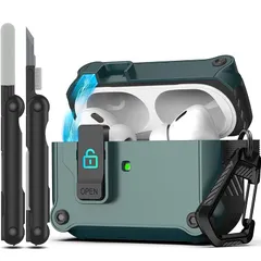 【新品】 RFUNGUANGO AirPods Pro 第 2/1 世代ケースカバー 安全ロッククリップ付き 自動ポップアップケース フルボディ耐衝撃ハード保護カバー AirPods Pro 2 ケース (2023/2022/2019) 用 - 松葉グリー 0