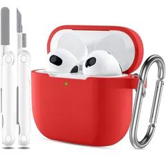 【新品】 R-fun AirPods 第3世代ケースカバー クリーナーキットとキーチェーン付き Apple AirPods 3 2021用ソフトシリコン保護ケース レッド