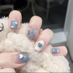 No.509 【24枚セット】ネイルチップ 雲・空モチーフ ブルー×ハート リボン