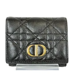 【美品】Dior ディオール カロ カナージュ コンパクト Wホック 三つ折り 財布 CDロゴ ブラック レザー ゴールド金具