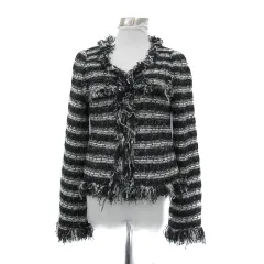 ブラック バイ マウジー BLACK by moussy ノーカラージャケット ミドル丈 ボーダー柄 ツイード フリンジ 2 黒 ブラック 白 ホワイト /YS37のサムネイル