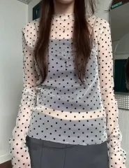 シースルー ドット 長袖 Tシャツ レイヤード Tシャツ ドット 白