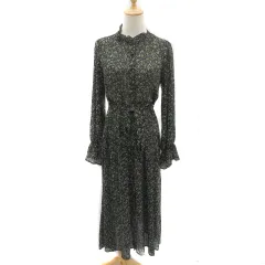 ヘザー Heather シャツワンピース ロング丈 長袖 バンドカラー ウエストリボン シースルー 花柄 F マルチカラー 黒 ブラック /YK23   