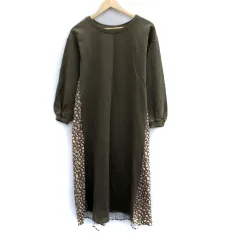 ロペ ROPE ワンピース ロング丈 長袖 ラウンドネック 総柄 切替 38 M マルチカラー カーキ /SM13