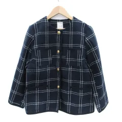 テチチ Te chichi ノーカラージャケット ミドル丈 チェック柄 M 紺 ネイビー /SM30