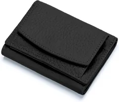 KASSAI 本革ミニ財布 三つ折り スキミング防止 小さい財布 軽量 小銭入れ付 (ブラック)