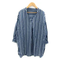 メイソングレイ MAYSON GREY ブラウス シャツ 七分袖 スリットネック ストライプ柄 オーバーサイズ 2 青 ブルー 白 ホワイト /SY2
