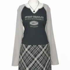 日本 ヴィンテージ スリット プリント ラグラン 長袖Tシャツ ショートクロップドTシャツ 森ガールはぐみルック ギャル y2k