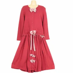 ピンクハウス★チェックのリボンが大人可愛い♪ カーディガン&スカート 上下セット ヴィンテージ！赤系 z10393ｓ