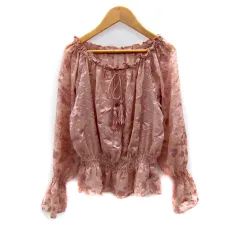ヘザー Heather ブラウス カットソー 長袖 ラウンドネック オフショルダー 2way 花柄 シースルー F ピンクベージュ /SY23