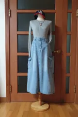 (텍あり 新品)カーゴポケット ライトブルー デニムロング丈スカート