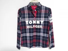 MB079:TOMMY HILFIGER GOLF(トミーヒルフィガーゴルフ)ロゴプリント長袖ポロシャツ/紺×赤チェック/M
