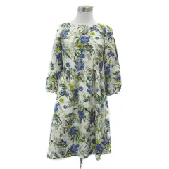 ボンメルスリー BON MERCERIE ワンピース ひざ丈 八分袖 ラウンドネック 花柄 38 M マルチカラー オフホワイト /YS16