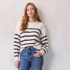 LC Lauren Conrad レディース アウター ニット・セーター クルーネック プチ Petite LC Lauren Conrad Crewneck Cable Pullover Sweater Cream Diana Stripe クリーム