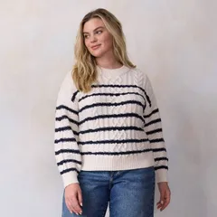 LC Lauren Conrad レディース アウター ニット・セーター クルーネック プラスサイズ Plusize LC Lauren Conrad Crewneck Cable Pullover Sweater Cream Diana Stripe クリー