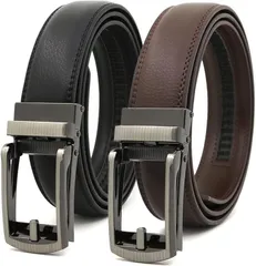 KASSAI メンズ本革クリックベルト 穴なし 38段階調整 オートロック式 3.1cm幅 (2本セット(ブラック/ダークブラウン),  138cm)