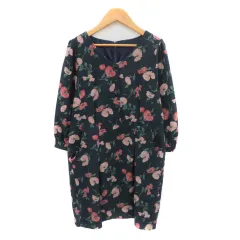 ミスティウーマン mysty woman ワンピース ミニ丈 七分袖 Vネック 花柄 ダイアゴナルストライプ柄 M マルチカラー 紺 ネイビー /YK22